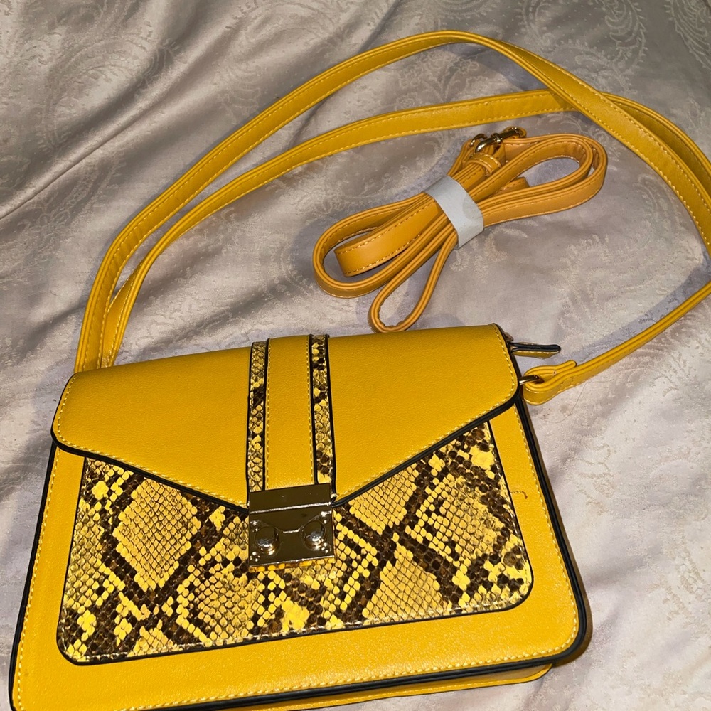 Mustard Yellow Hand Bag Crossbody Snake Print
